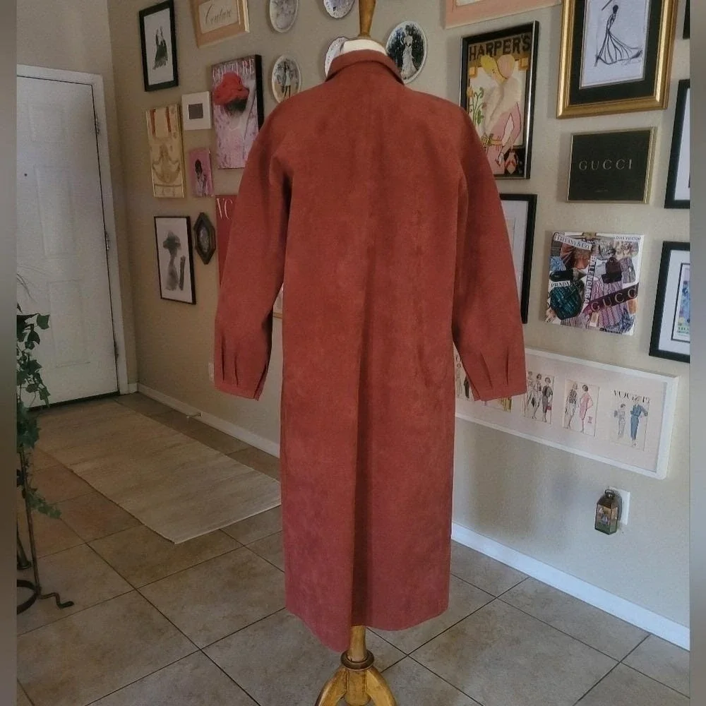 Halston 70s Rust Ultrasuede Longline Duster Coat‎ Button Front Collared XL